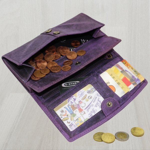 flevado Wasserbüffel Damen Geldbörse Brieftasche RFID Schutz Doppelnaht Lila